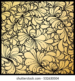 Golden petals or floral leafs ornament, paisley classic wallpaper design, black background. For gold menu and invitation cards, page decor. Luxury style lacy pattern with divider