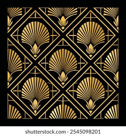 Pétalas e Formas Douradas: Geometria Floral Preto e Dourado para uma Coleção de Padrões Contínuos em Arte Vetorial