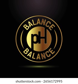 Emblema de equilibrio de pH dorado con diseño circular y tipografía audaz que simboliza el equilibrio