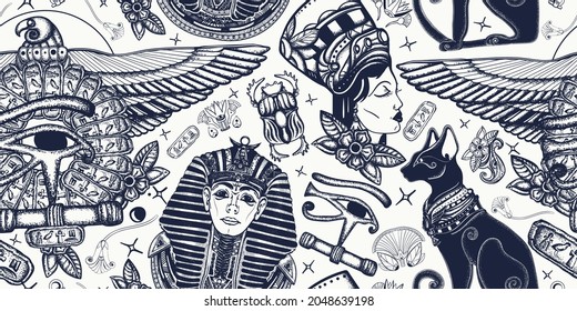 Golden pharaoh, eagle, black cats, queen Cleopatra, eye Horus. History art. Ancient Egypt seamless pattern. Old school tattoo style. Egyptian civilization background 