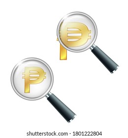 Golden Philippine peso currency symbol with magnifying glass. Search or check financial stability. Vector illustration isolated on white background