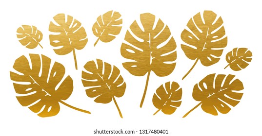 Golden Philodendron Leaves Set. Vector.