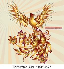 Golden Phoenix Fire bird illustration and character design. Legend of the Firebird is Russian fairy tales and it is creature from Slavic folklore.