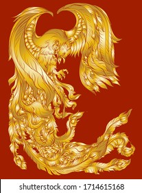 Golden phoenix fire bird isolate on red background.Vector illustration and hand drawn style. Chinese peacock tattoo.