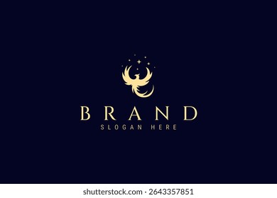 golden phoenix mythological bird logo in flat vector design style decorated with stars