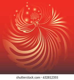 Golden phoenix on a red background. Vector illustration