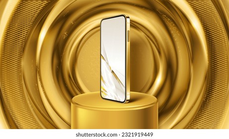 Golden phone on gold podium mockup template vector illustration