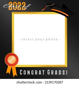 Golden Photo Frame With Best College Graduate Theme. Concept For Selfie. Frame With Cap For Grads. Congradulation Grad Quote. Vector Illustration.