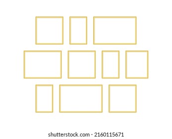 Golden photo frame collage. Realistic empty frameworks mockup set on wall. Picture old elements collection. Vector isolated on white.