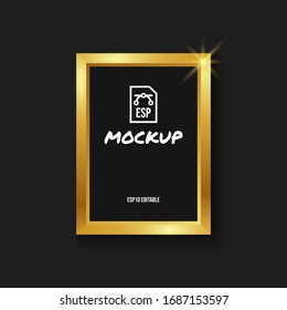 Golden photo frame mockup with vertical blank screen, luxury poster template