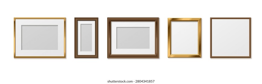 Golden photo frames set isolated on white background. Vector realistic illustration of square and rectangular shiny borders for photo, certificate, diploma, museum painting, modern elegant wall decor