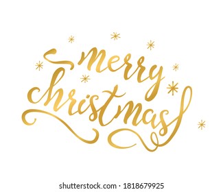 Golden phrase merry christmas with snowflakes and flourishes isolated on the white background. Vector inscription for decoration of cards, package, presents