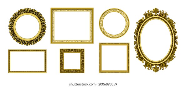 Golden picture frames. Royal antique photo border. Empty interior old style ornamental wall elements. Round and square luxury decorative corners set. Vector portrait frameworks template