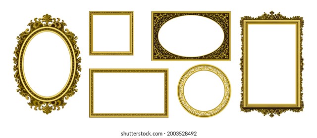 Golden picture frames. Vintage photo border. Antique royal museum decoration with luxury ornament. Isolated frameworks of gold. Premium furniture template. Vector interior elements set