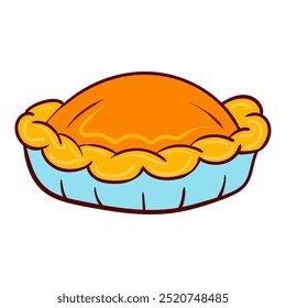 Golden pie with a flaky crust in a blue dish. Baked, dessert, pastry, comfort food, warm, sweet, bakery, homemade, traditional, apple pie, pumpkin pie, cooking, crust, filling, oven. Vector