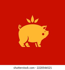 Golden pig Chinese New Year astrology symbol animal minimalist icon vector flat illustration. Hog lucky Oriental lunar holiday zodiac character with piglet tail hooves and flower crown monochrome logo