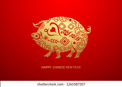 Golden pig with chinese pattern on luxury red gradient background. Happy Chinese New Year concept. Design in EPS10 vector illustration.