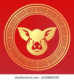 Golden Pig Head Illustration - Chinese New Year Zodiac Animal in Traditional Frame. Festive Red Background Design.