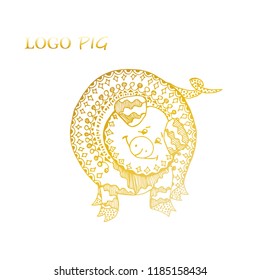 The Golden Pig. Shiny gold on white. Gloss symbol 2019.Vector illustrations.