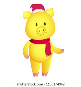 Golden pig standing in red hat and scarf. Chinese New Year 2019 symbol. Realistic 3D illustration. Vector.