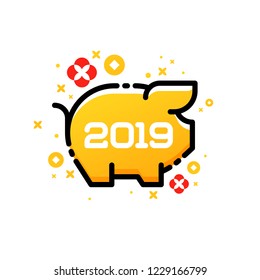 Golden pig as symbol of 2019 Chinese New Year isolated on white background. Editable stroke