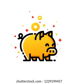 Golden pig as symbol of 2019 Chinese New Year isolated on white background. Editable stroke