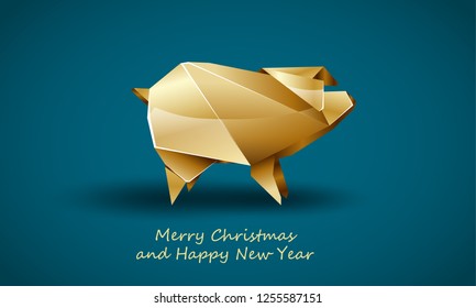 Golden Pig as a Symbol of Chinese New Year. Vector Polygonal Pig on Soft Blue Background as Invitation Template for New Year Party.