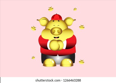 Golden pig, wearing a red shirt and gold around.