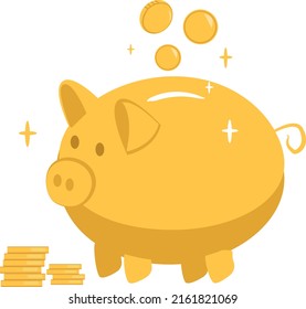 Goldenes Sparschwein und Münzen. Ersparnisse. Flache moderne Illustration. Ein Schweinebuch in Form eines Schweins, Goldmünzen. Das Konzept der Investition, der Rettung des Haushalts. Finanzen, Wirtschaft, Haushalt.