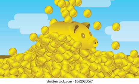 Golden piggy bank covered in gradient gold coins illustration on simple abstract landscape.