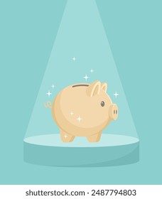 Golden piggy bank on a pedestal under spotlights, flat vector illustration