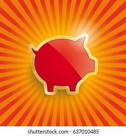 Golden piggy bank on the retro sun background. Eps 10 vector file.