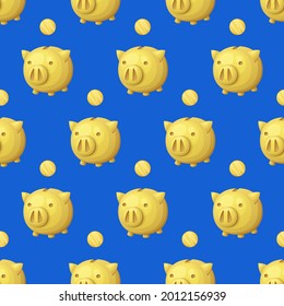 Golden piggy banks with coins finance seamless pattern, pigs and money made of gold cartoon vector illustration