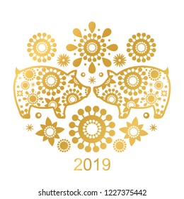 Golden pigs with floral elements on a white background. Symbol of the year 2019. Isolated object for design.