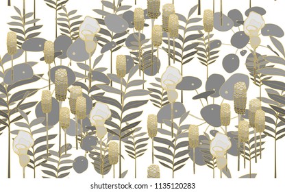 Golden pilea and tumeric leaves and flowers. Big leaves and exotic flowers composition. Vector illustration. Botanical seamless wallpaper. Digital nature art. Cartoon style sketch. White background.