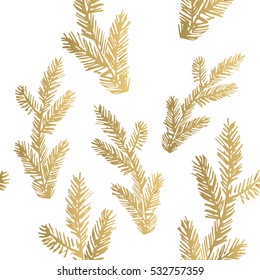 Golden pine branch background. Vector illustration. Seamless pattern.