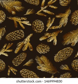 Golden pine branches and cones seamless pattern. Hand drawn spruce coniferous forest elements on black background. Vector sketch illustration. Winter, autumn design for fashion textile prints.