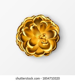 Golden pine cone. Top view. Realistic 3d Object isolated on white. Greeting Card Design Element. Pinecone Vector Icon, Symbol, Decor. Traditional Seasonal Decoration. Vector illustration