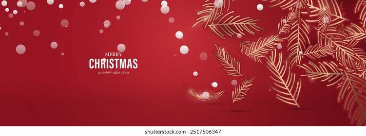 Golden pine leaves with falling snowflakes on a red background featuring. Vector illustration