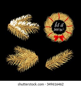Golden Pine tree branches for Christmas and New Year decorations 4 icons set composition banner. Christmas wreath with red bow. Realistic abstract isolated vector illustration