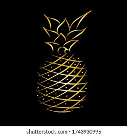 Golden pineapple black background. Isolated vector icon. Vector illustration background. Fashion print.