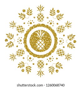 Golden Pineapple. Glitter Ornament. Vector
