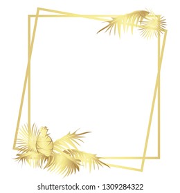 Golden pineapple with palm leaves and frame on white background. Seamless vector. Free for text.