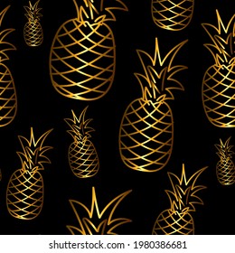 Golden pineapple seamless pattern on black background