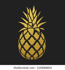 Golden pineapple silhouette on black background, vector design