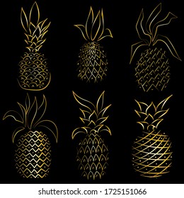 Golden pineapples isolated black in abstract style on black background. Summer background. Isolated vector icon. Vector illustration background. Fashion print. Abstract gold background.