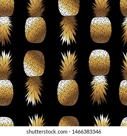 

Golden pineapples on a black background. Vector illustration of tropical fruits. Golden fruits on seamless pattern.