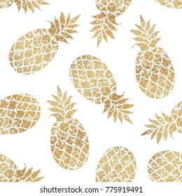 Golden pineapples seamless vector pattern on transparent background.