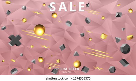 Golden pink 3D primitives , realistic geometric vector illustration for web and print decoration, elegant motion metal and matte figures, luxury trendy creative design