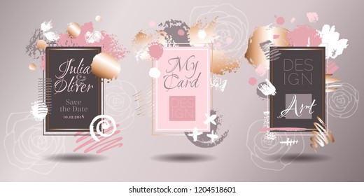 Golden pink art frames. Modern card design, brush stroke, gold, premium brochure, flyer, invitation template. Business identity elegant style. Hand drawn vector.